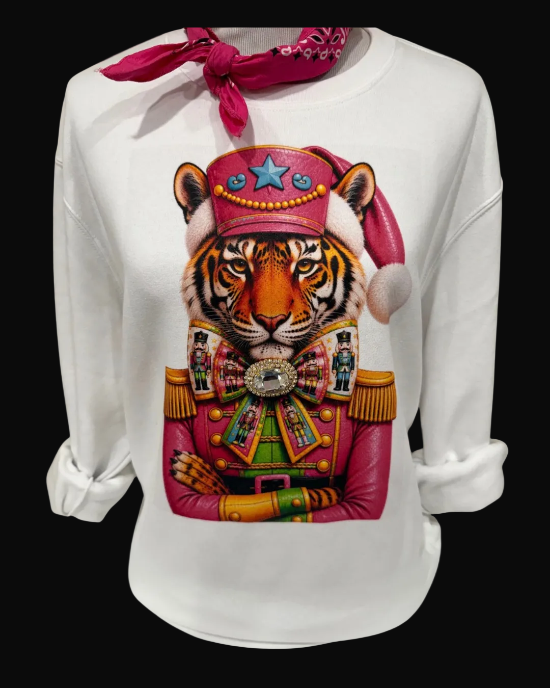 Nutcracker Tiger on Patched Blue and Pink and White Sweatshirts