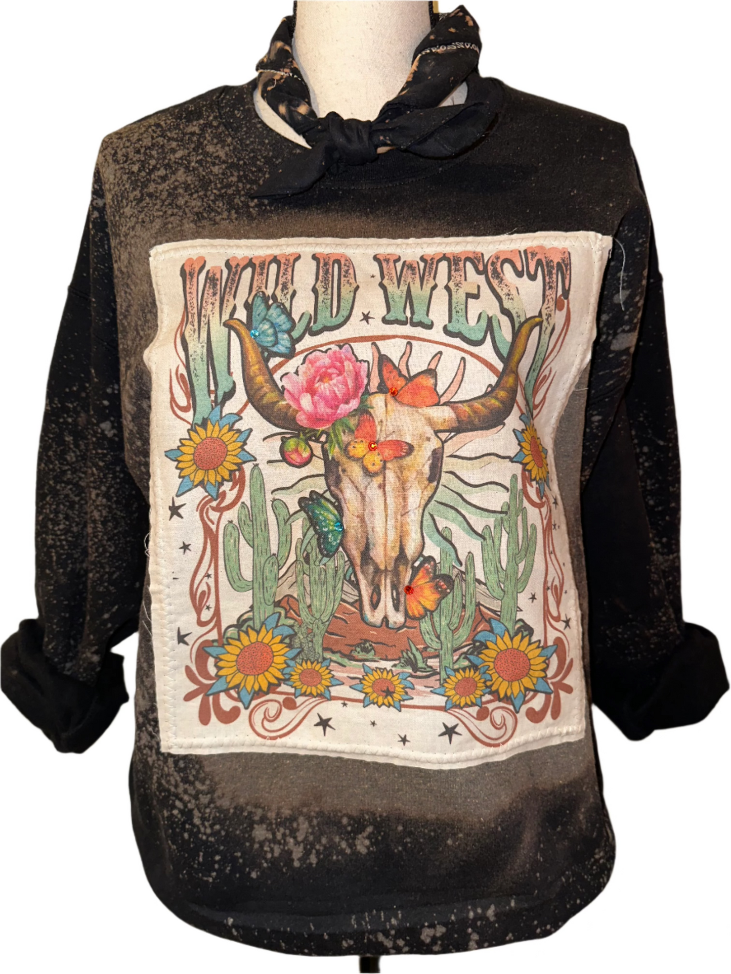 Wild West Skull on Heather Grey Crew OR Patch SB Black Sweatshirt