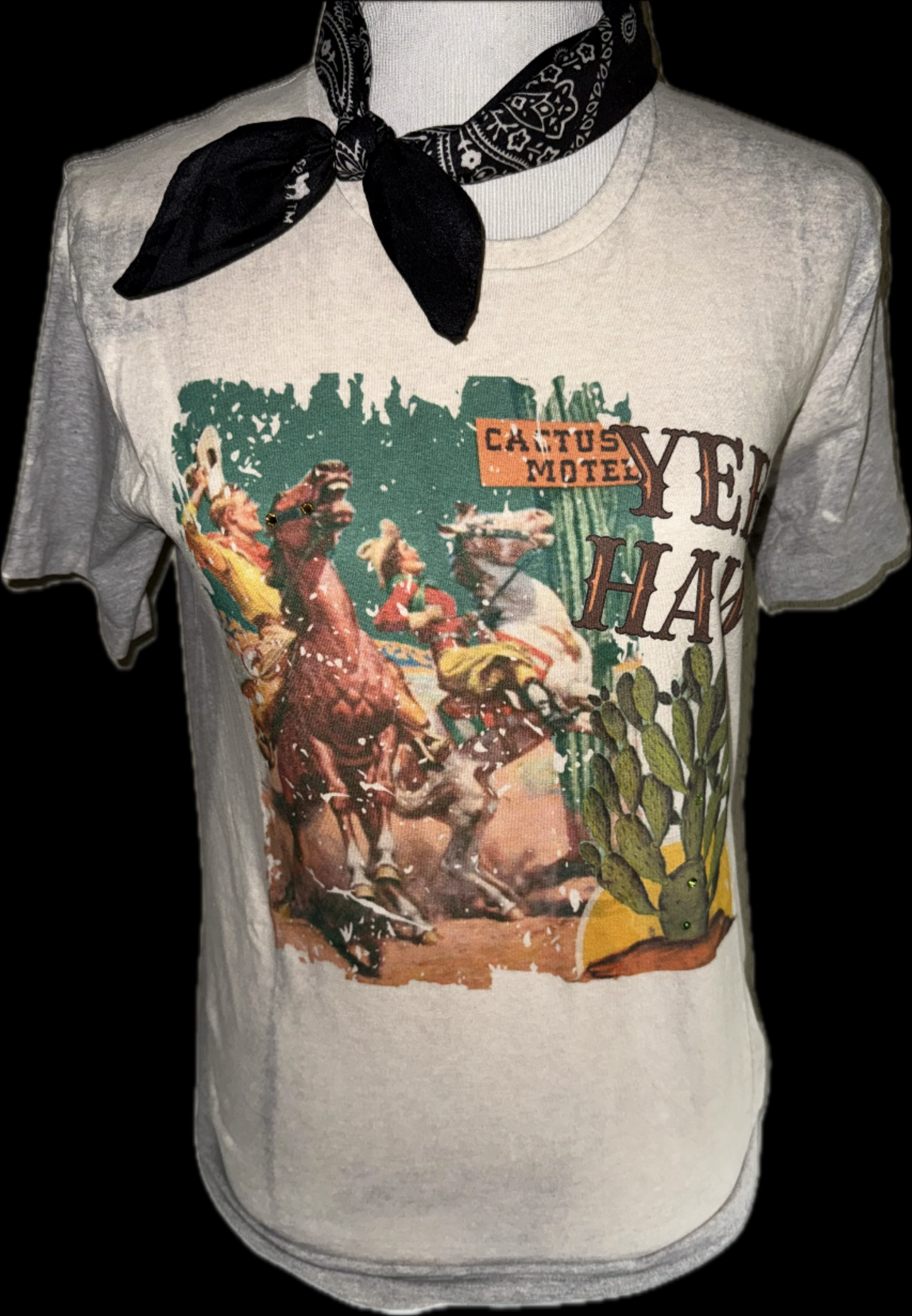Yee Haw Cactus Motel on (Tan, Silver, SB Hth Grey) Crew, Denim OR Tan Sweatshirt
