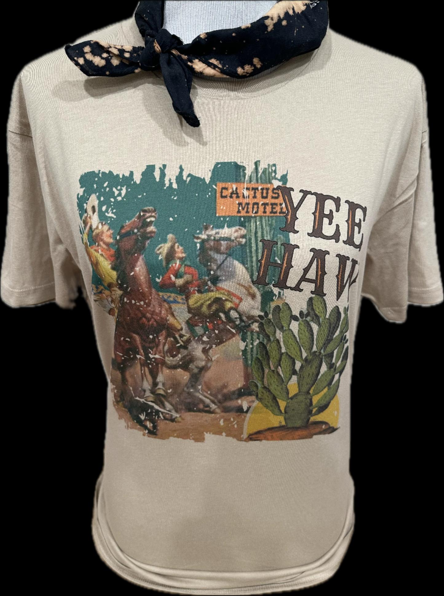 Yee Haw Cactus Motel on (Tan, Silver, SB Hth Grey) Crew, Denim OR Tan Sweatshirt