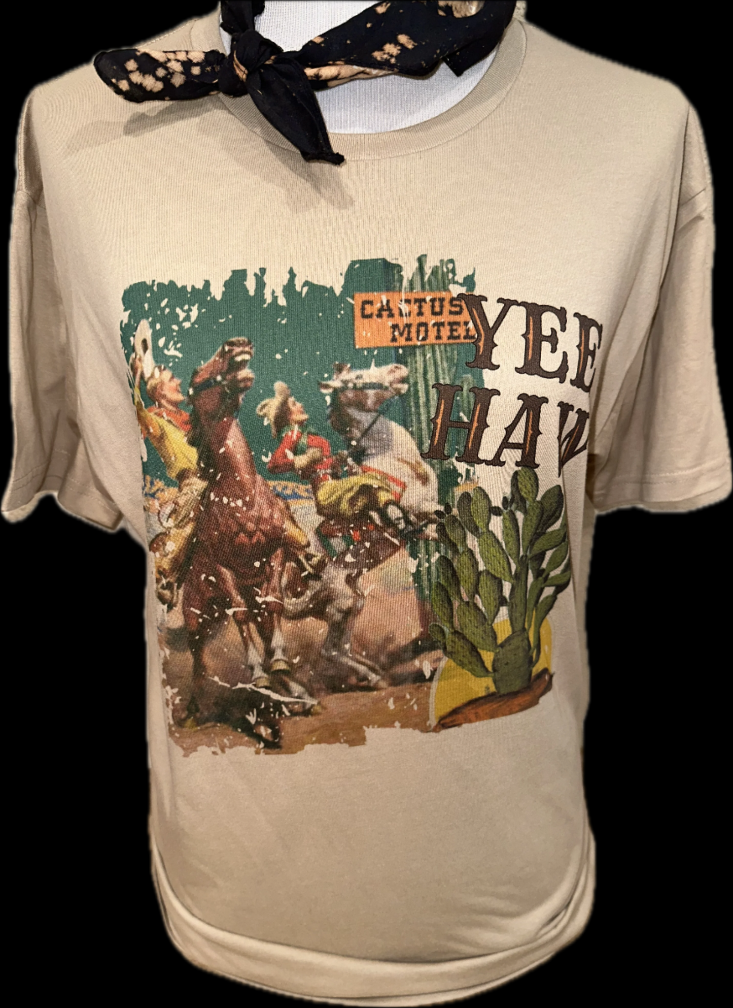 Yee Haw Cactus Motel on (Tan, Silver, SB Hth Grey) Crew, Denim OR Tan Sweatshirt