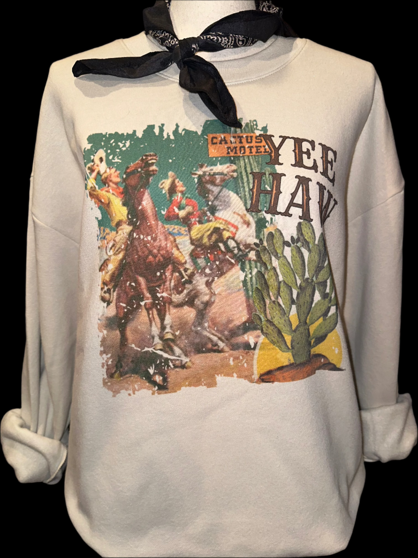 Yee Haw Cactus Motel on (Tan, Silver, SB Hth Grey) Crew, Denim OR Tan Sweatshirt