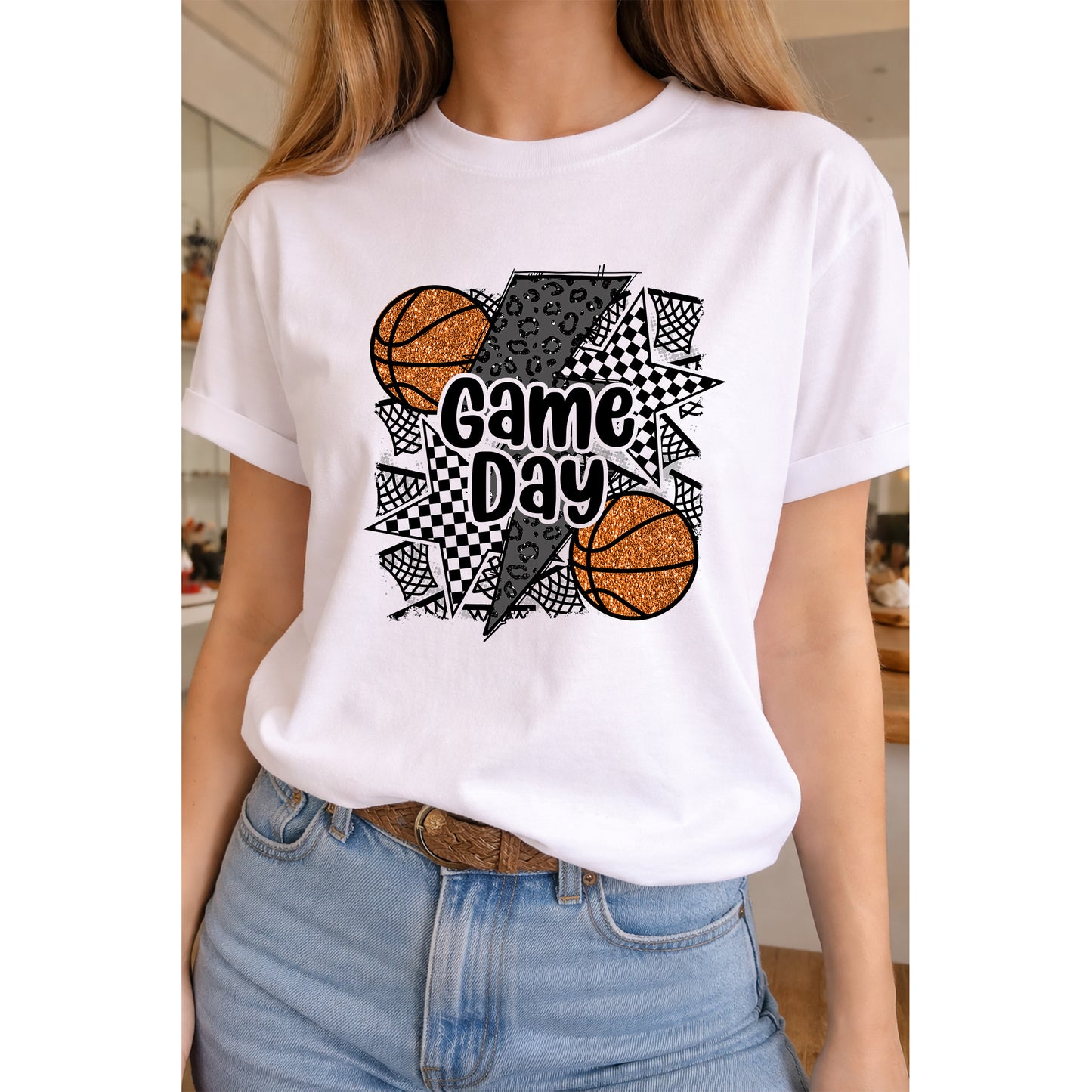 Game Day Bolt Basketball Tee on White Crew