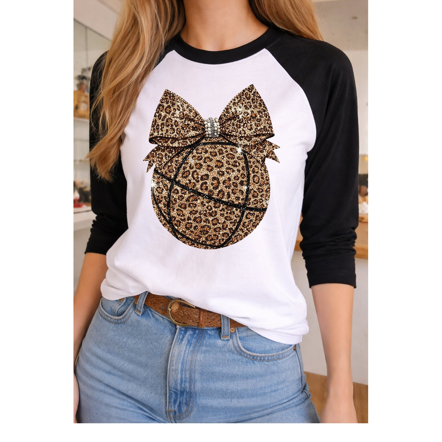 Leopard Bow Basketball Tee on Black/White Raglan
