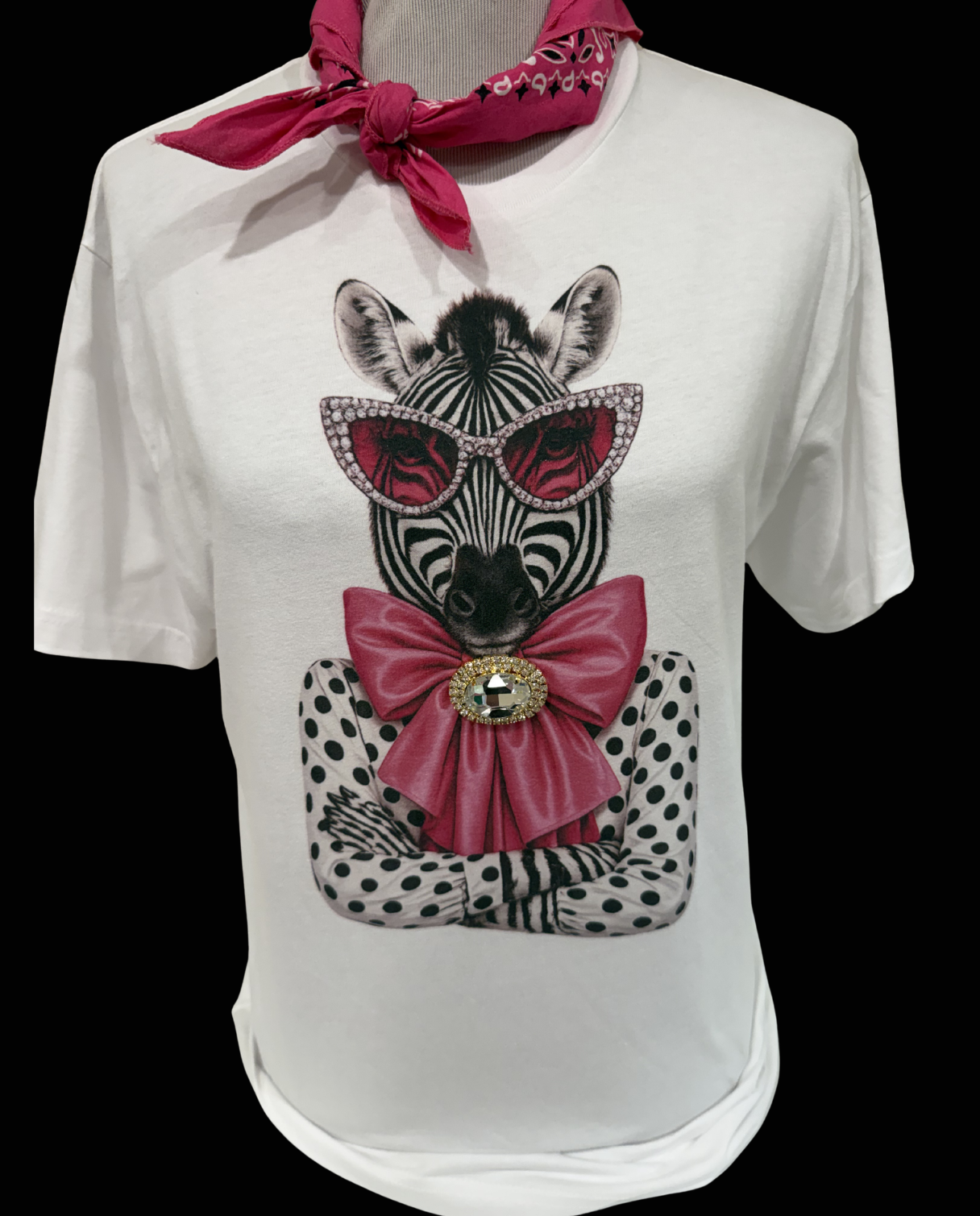 Jeweled Polka Dot Zebra on Crew, Long Sleeve, & Cream Tank