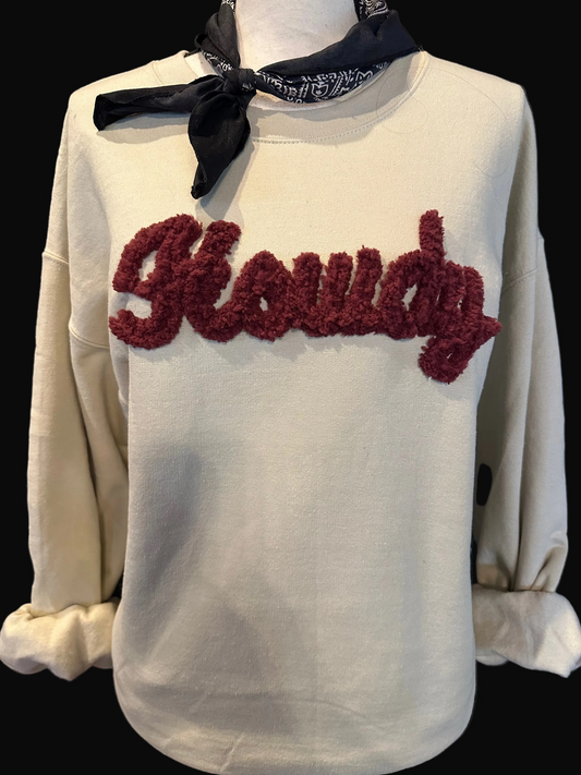 Lexie Howdy(Maroon) on Tan Sweatshirt