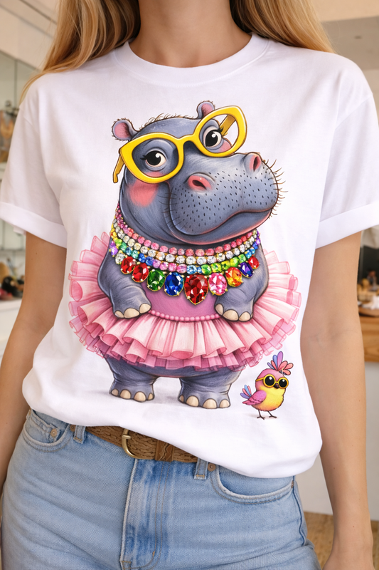 Jeweled Collar Tutu Hippo & Chick on White Crew