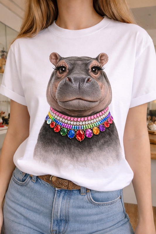 Jeweled Collar Hippo on White Crew