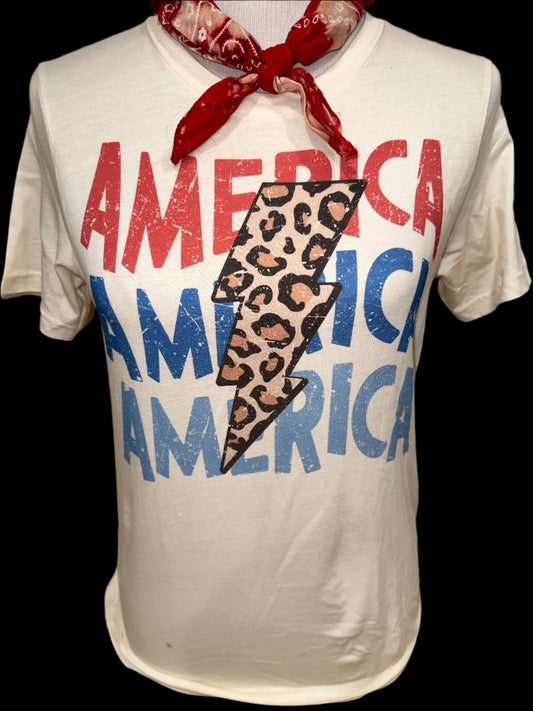 America Repeat Leopard Bolt on White Crew