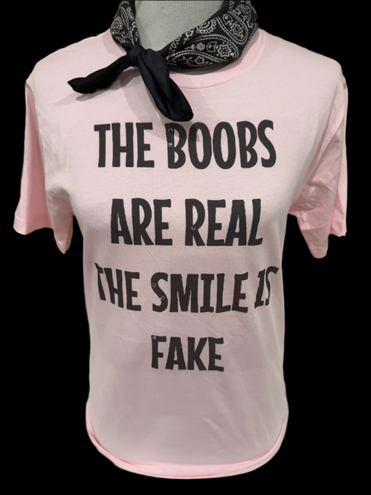 Boobs are real, the Smile is fake on Light Pink Crew