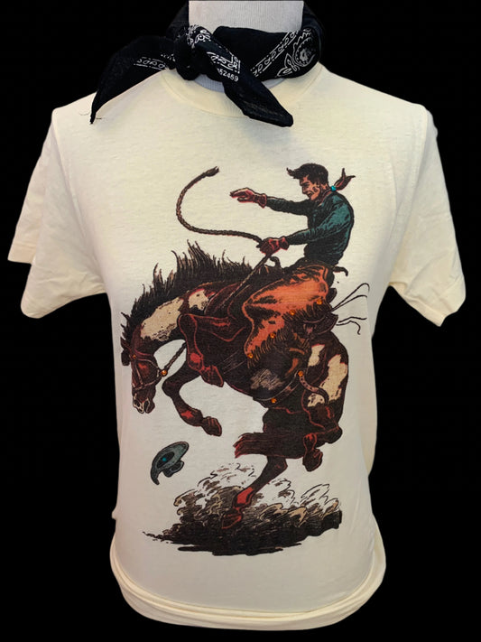 Bronc Rider on (Natural, SB Hth Grey, Light Pink) Crew OR (SB Black, Patch Bleached) Sweatshirt