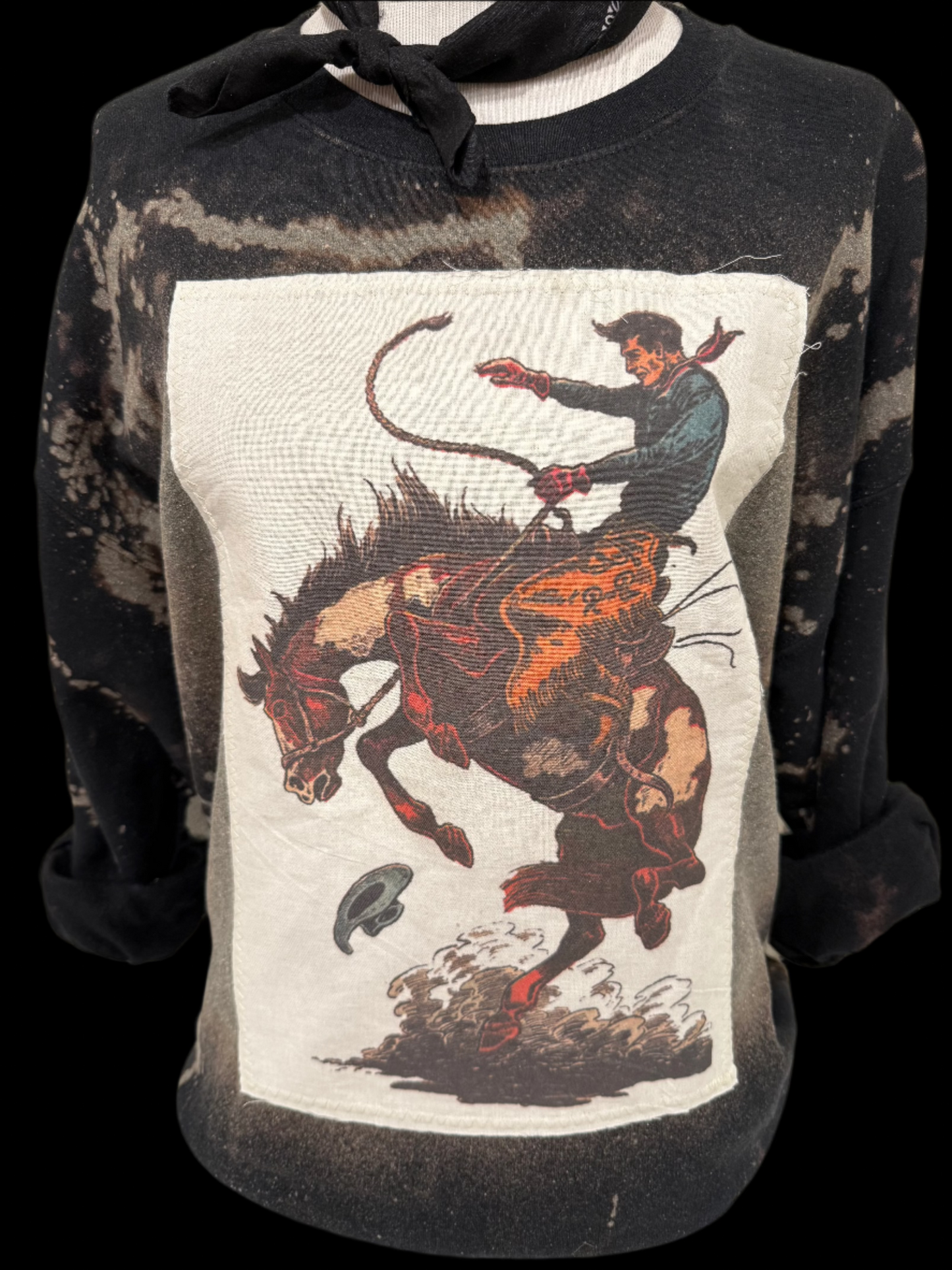 Bronc Rider on (Natural, SB Hth Grey, Light Pink) Crew OR (SB Black, Patch Bleached) Sweatshirt