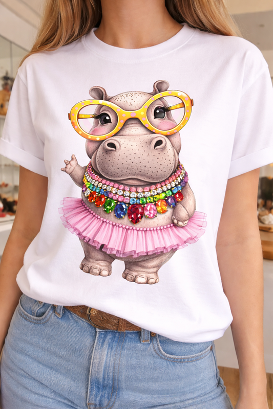 Jeweled Collar Waving Tutu Hippo on White Crew