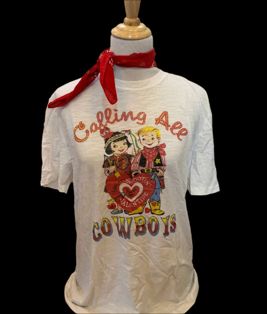Calling All Cowboys on White Crew or White/Red Raglan