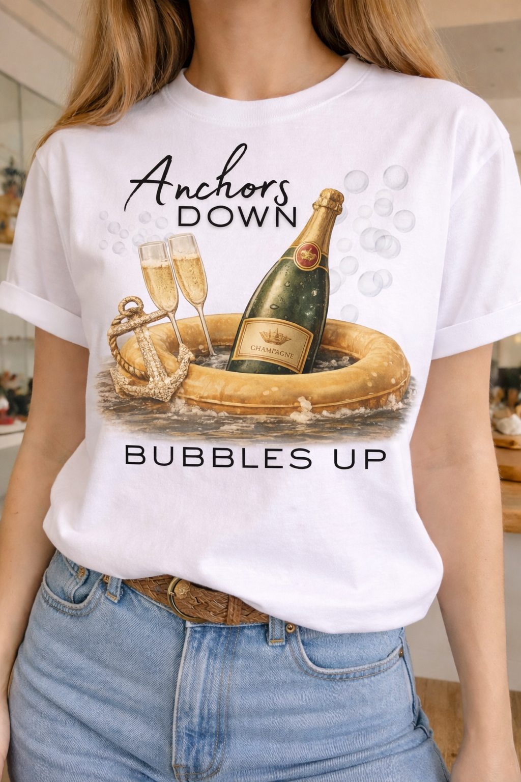 Bubbles Up Tee on White Crew