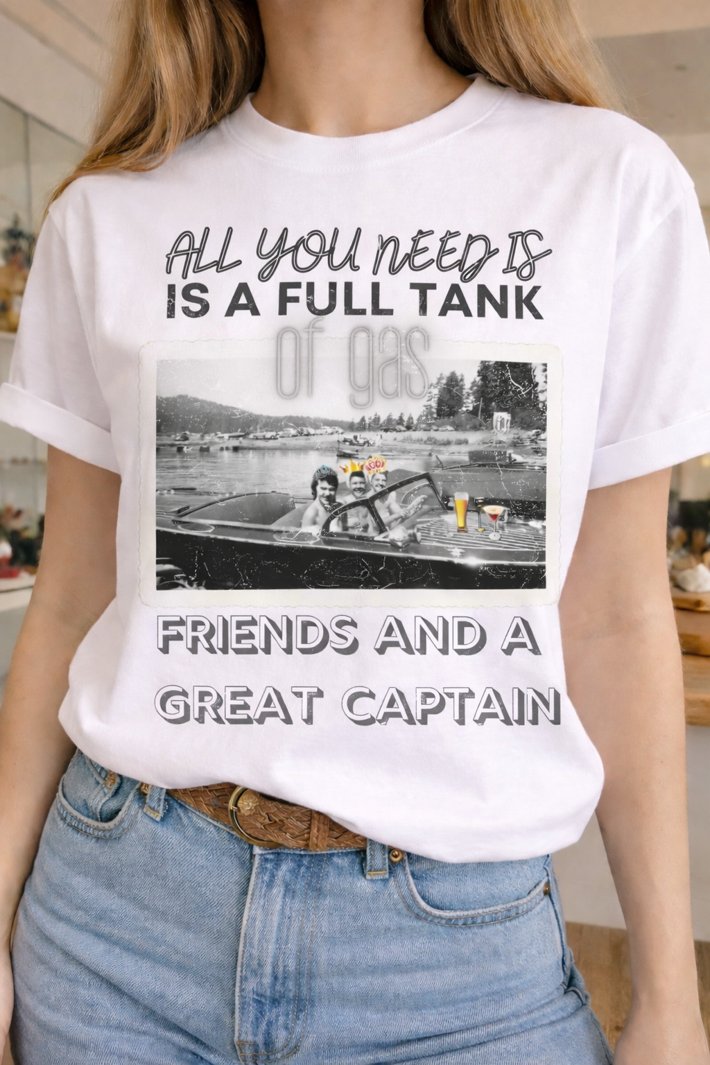 All You Need Roadtrip Tee on White Crew