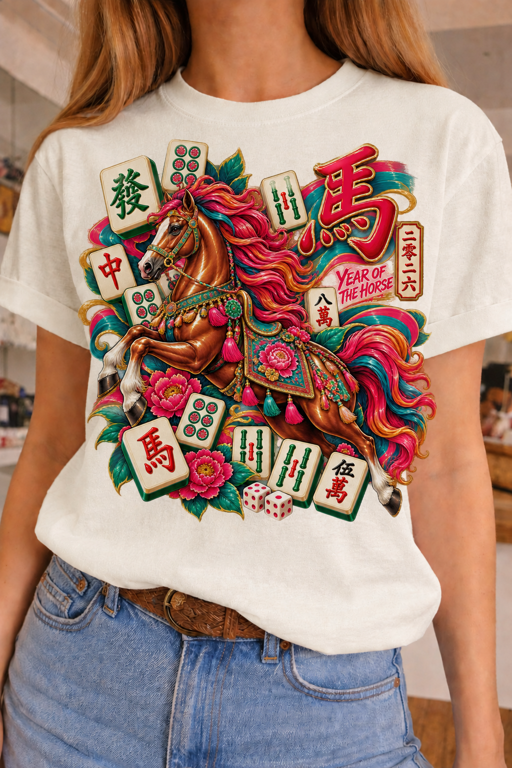 Mahjong Year of the Horse on White Crew