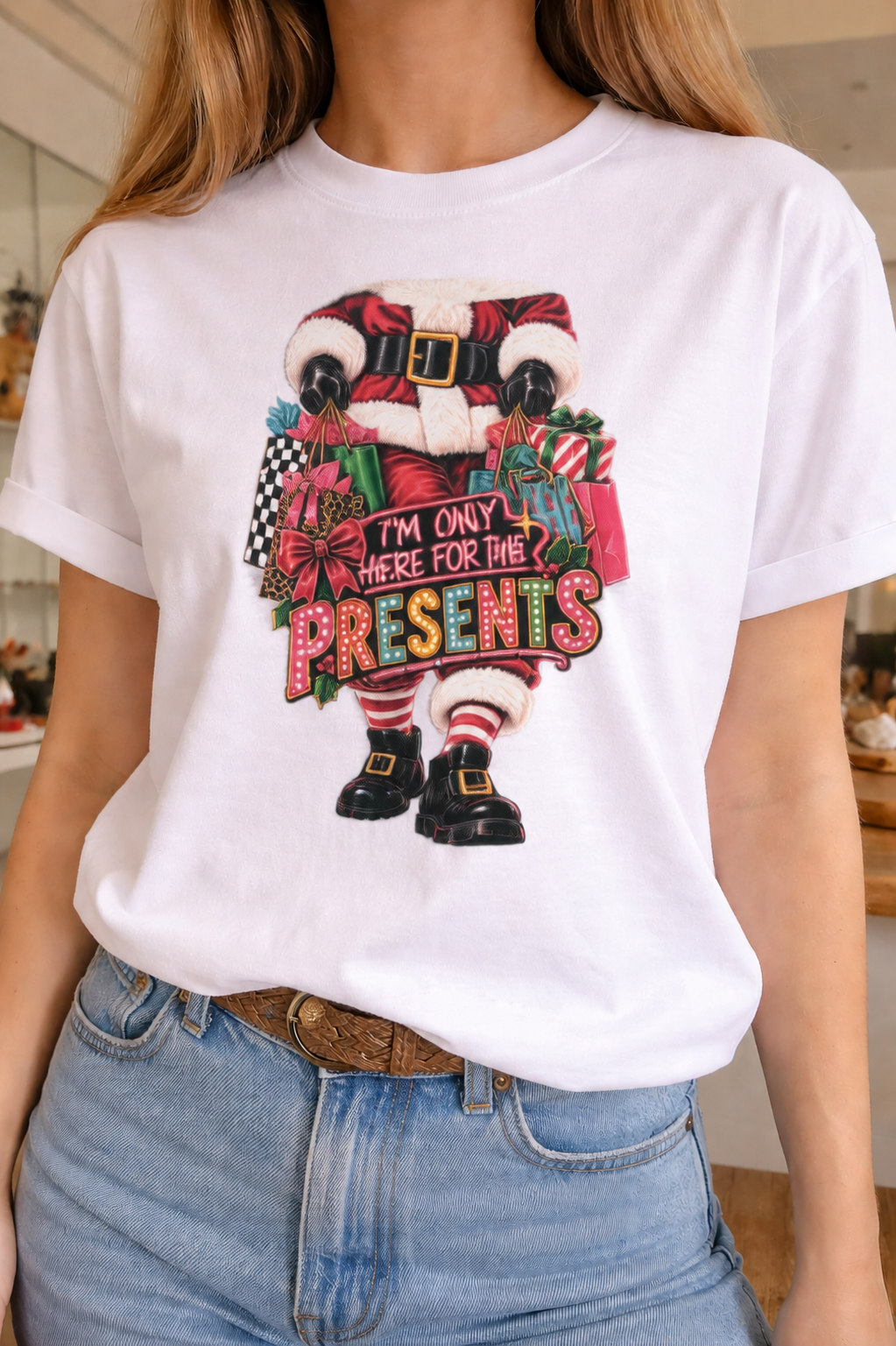 Here For The Presents on White Tee