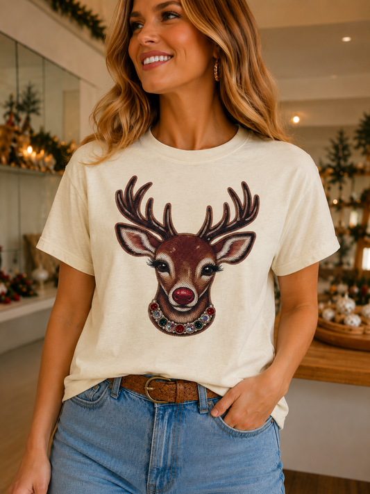 Rhinestone Reindeer on Natural Tee