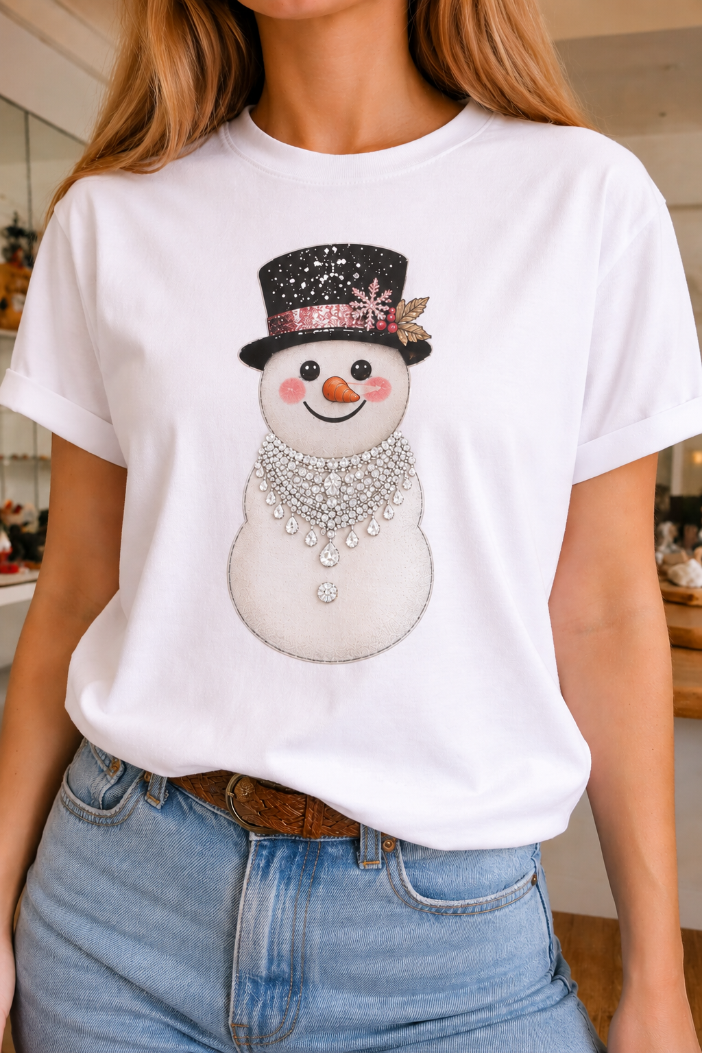 Blingy Snowman on White Crew and White Sweatshirt