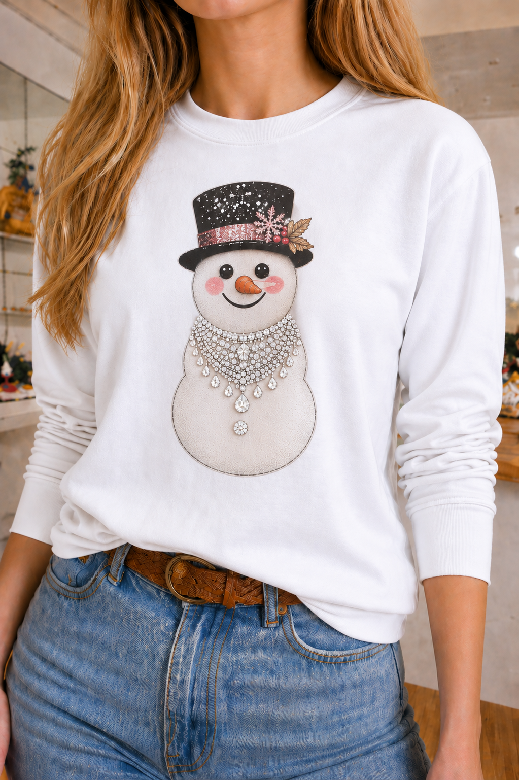 Blingy Snowman on White Crew and White Sweatshirt