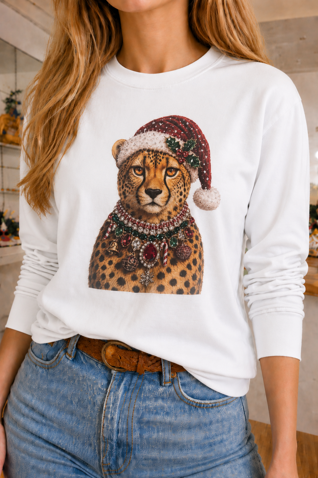 Christmas Hat Leopard on White Cropped Tee & Sweatshirt
