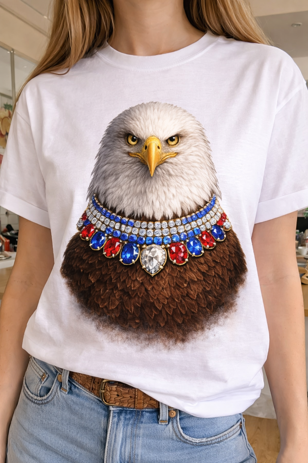 Jeweled Collar Bald Eagle on White Crew