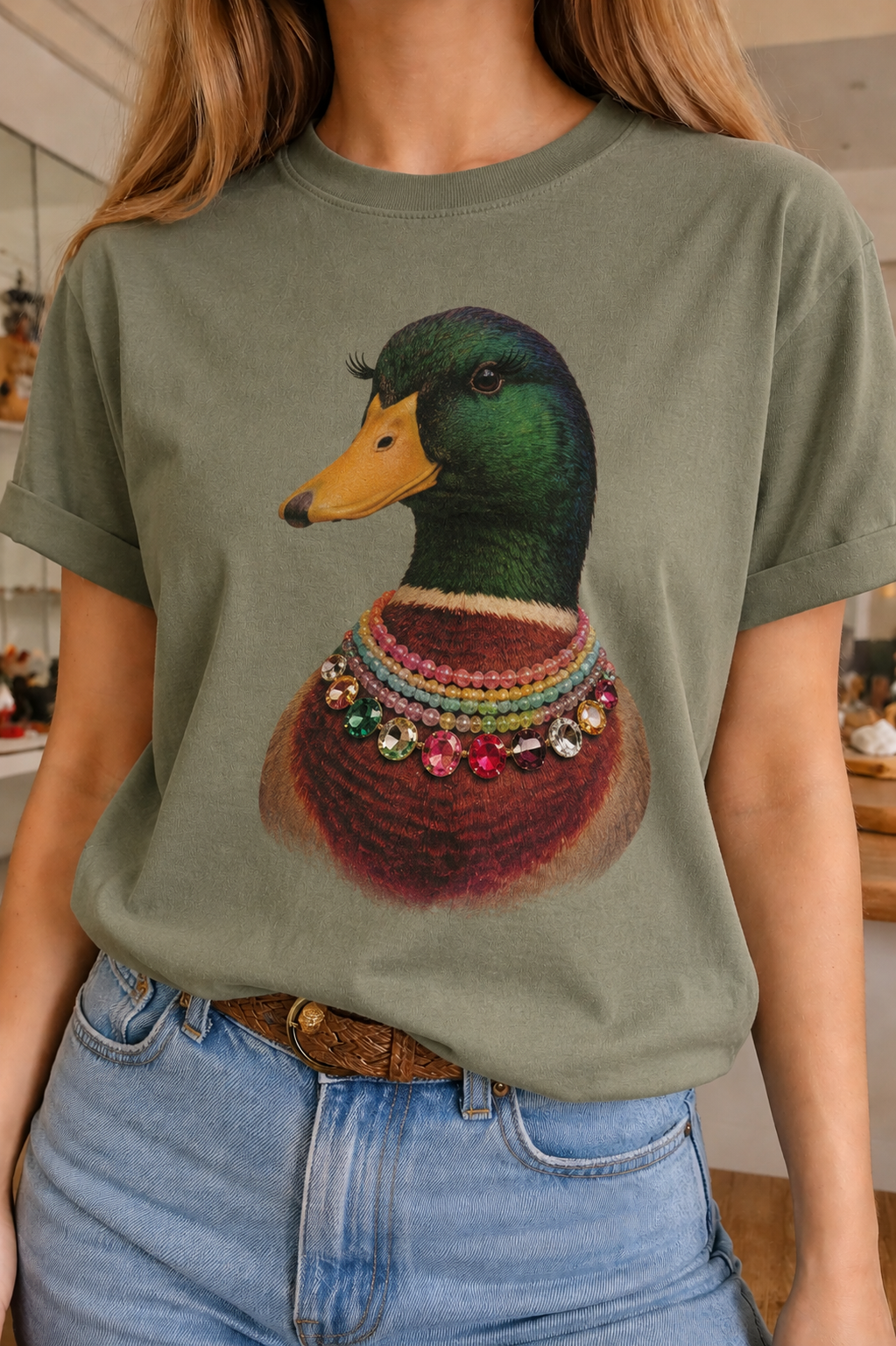 Jeweled Collar Mallard on White and Green Crew and Natural and Green Sweatshirt