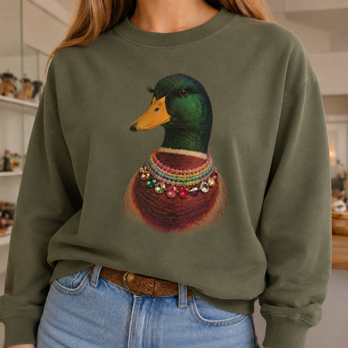 Jeweled Collar Mallard on White and Green Crew and Natural and Green Sweatshirt