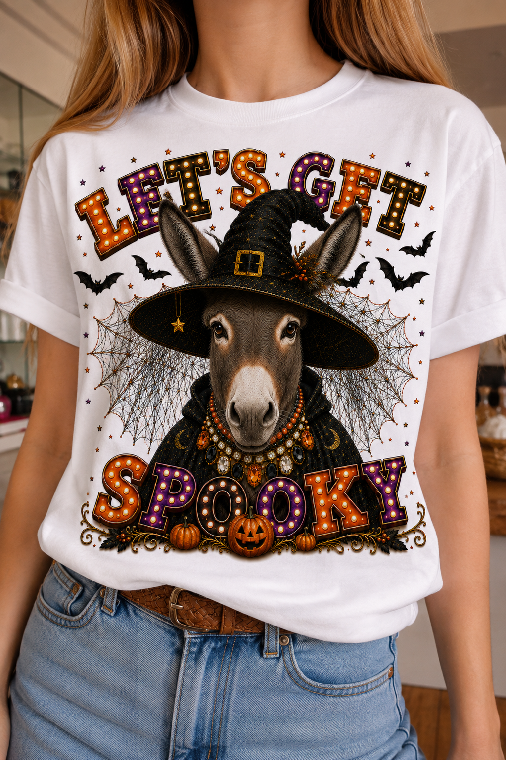 Let's Get Spooky Donkey on White Crew
