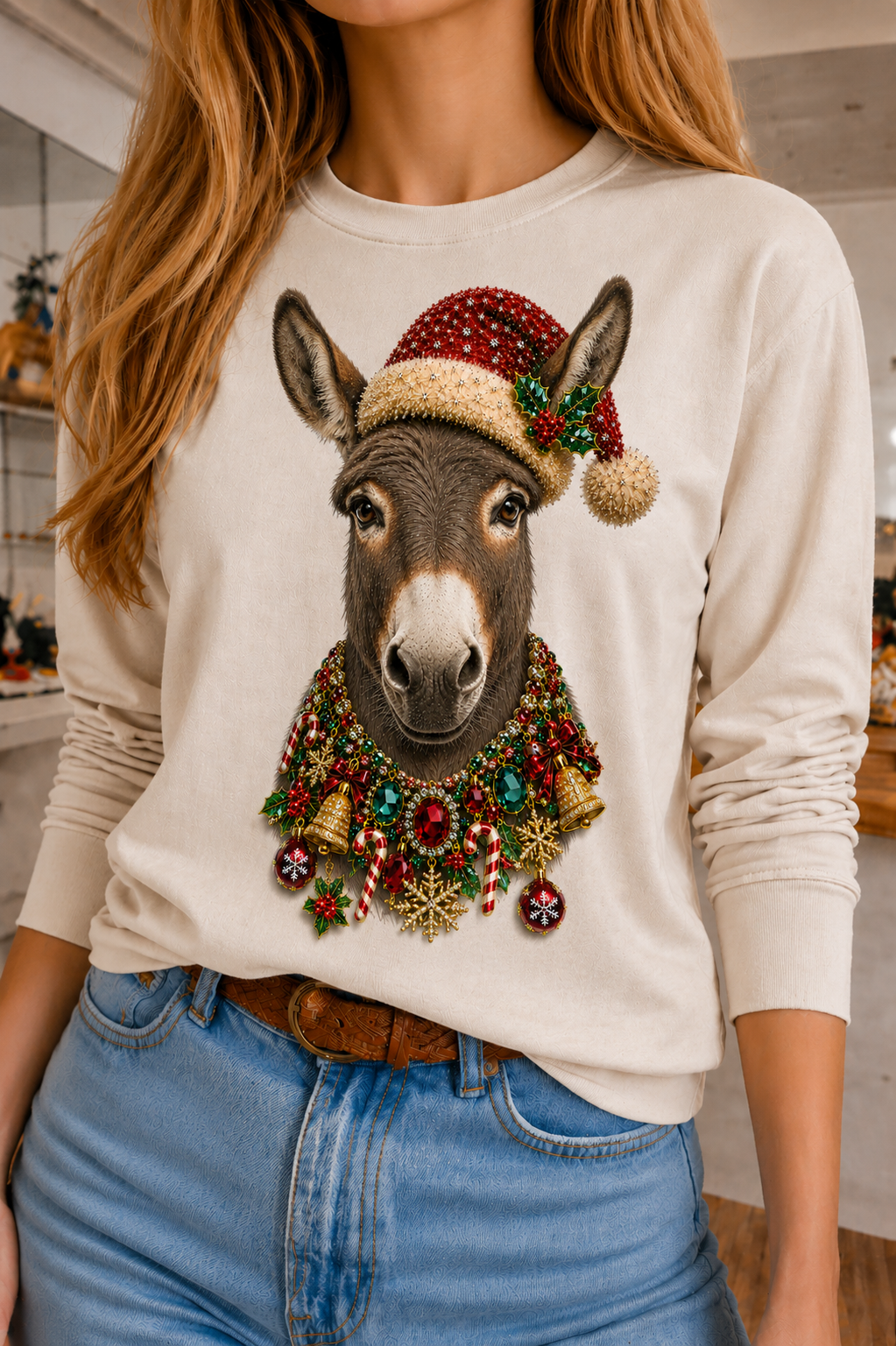 Christmas Hat Donkey on White Long Sleeve