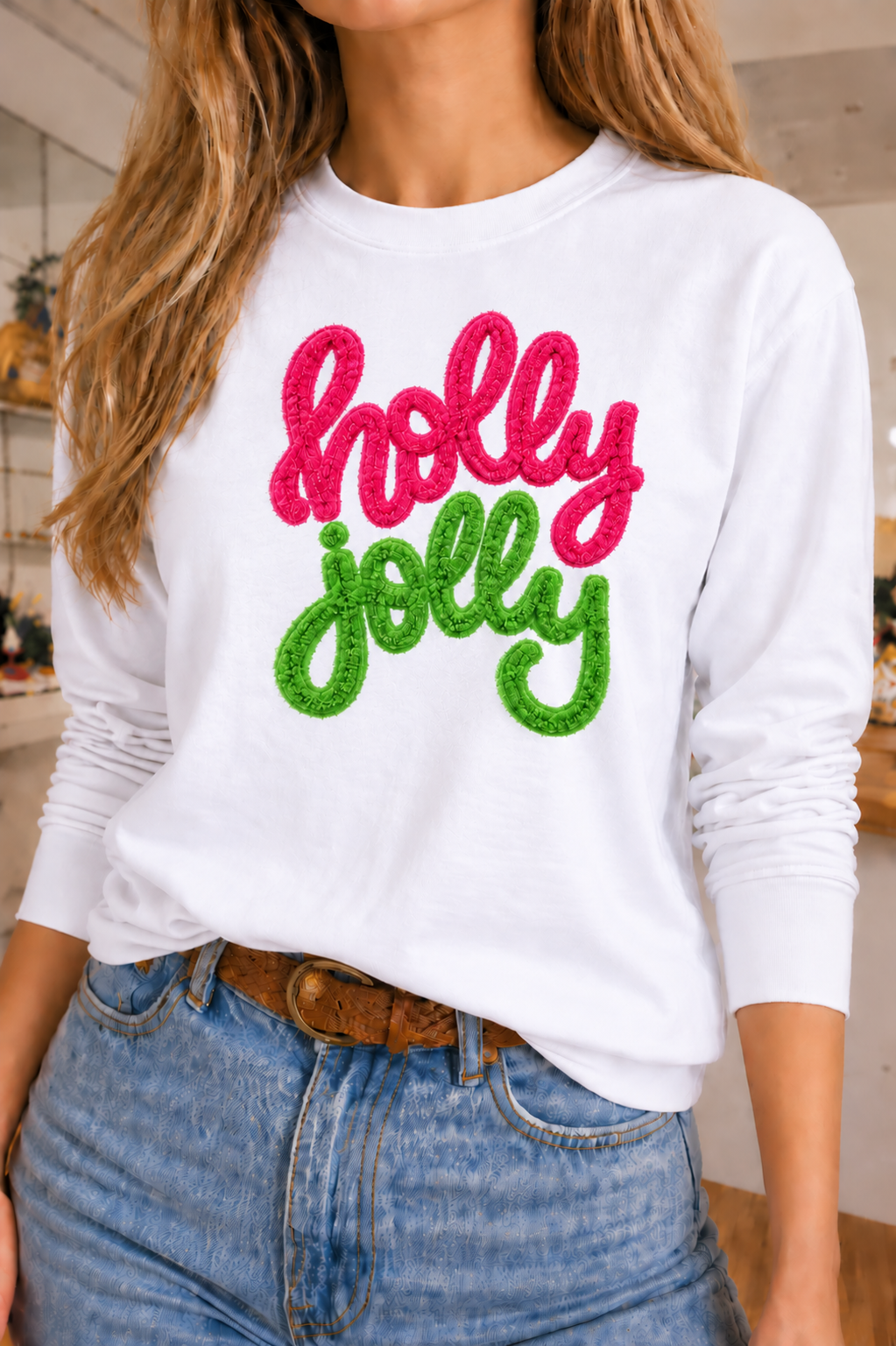 Holly Jolly Patch on White Tee & Sweatshirt