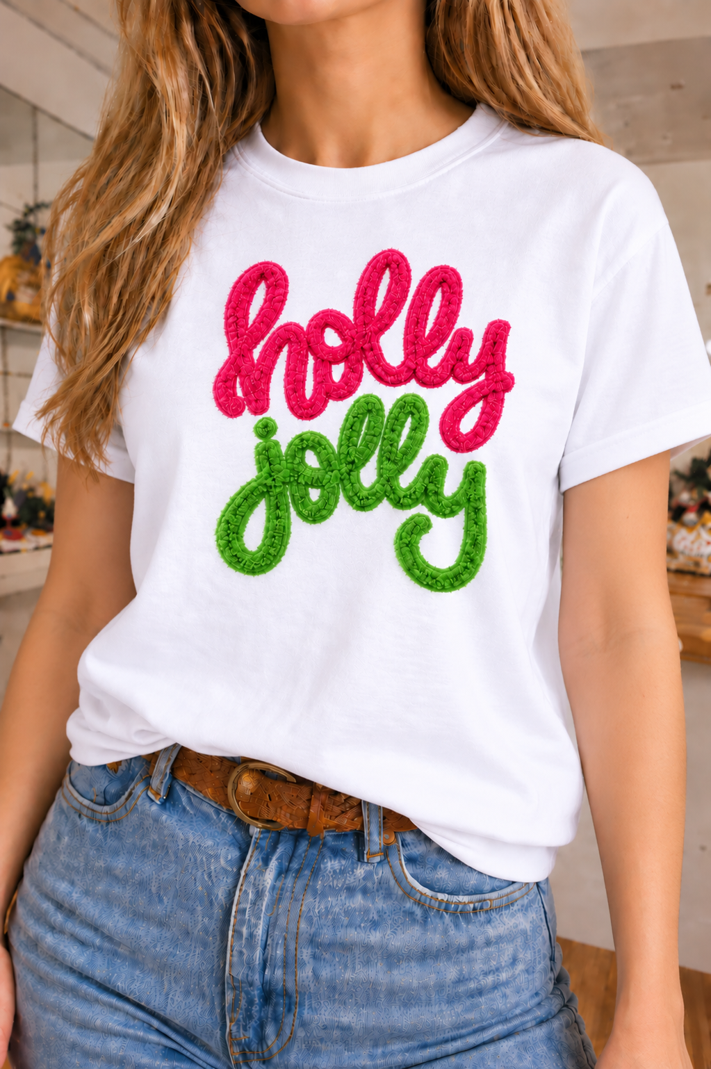 Holly Jolly Patch on White Tee & Sweatshirt