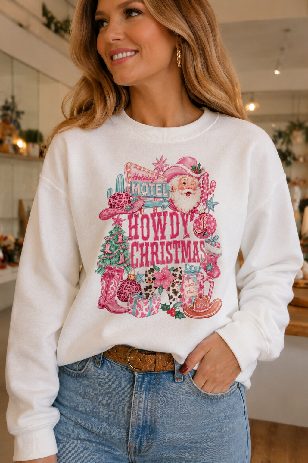 Pink Howdy Christmas on White Sweatshirt