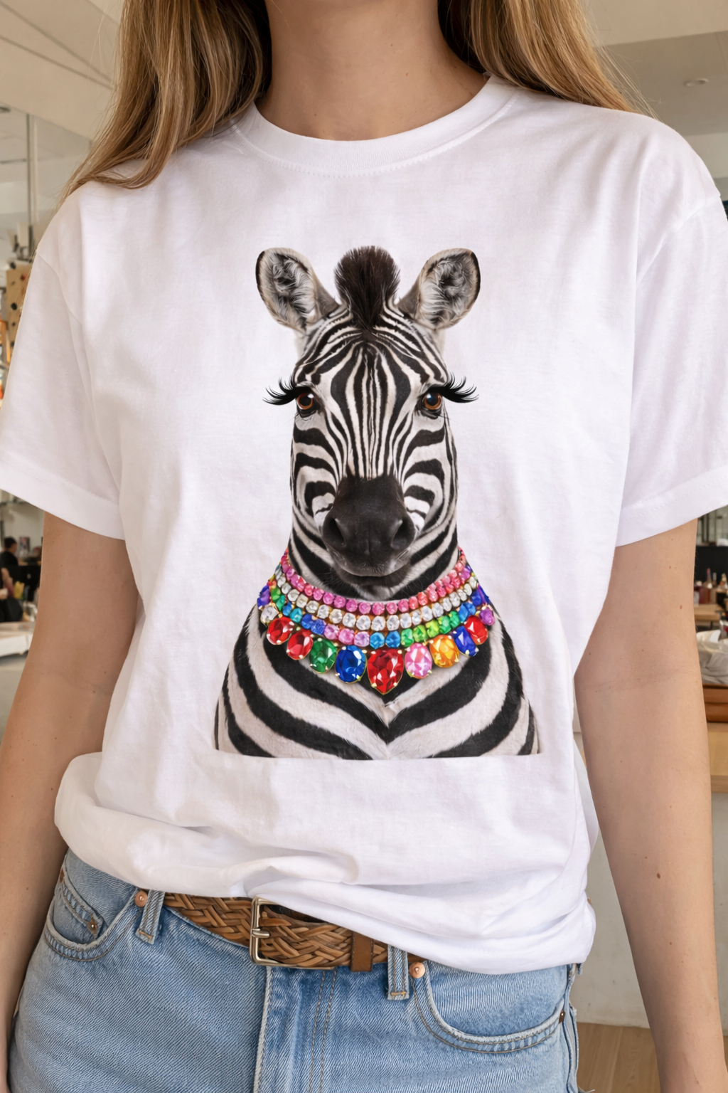 Jeweled Collar Zebra on White Crew