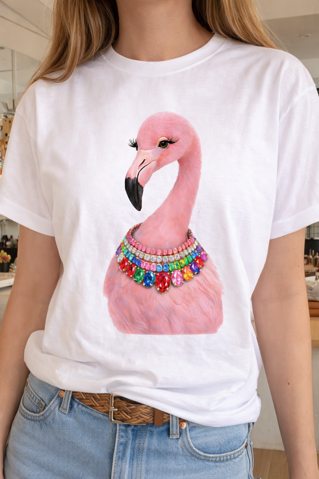 Jeweled Collar Flamingo on White Crew