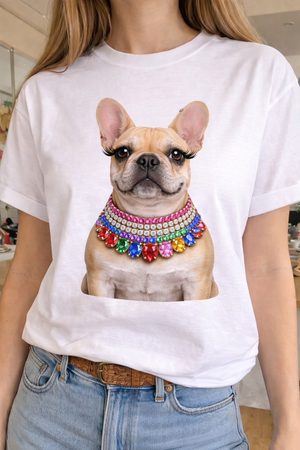 Jeweled Collar Frenchie on White Crew