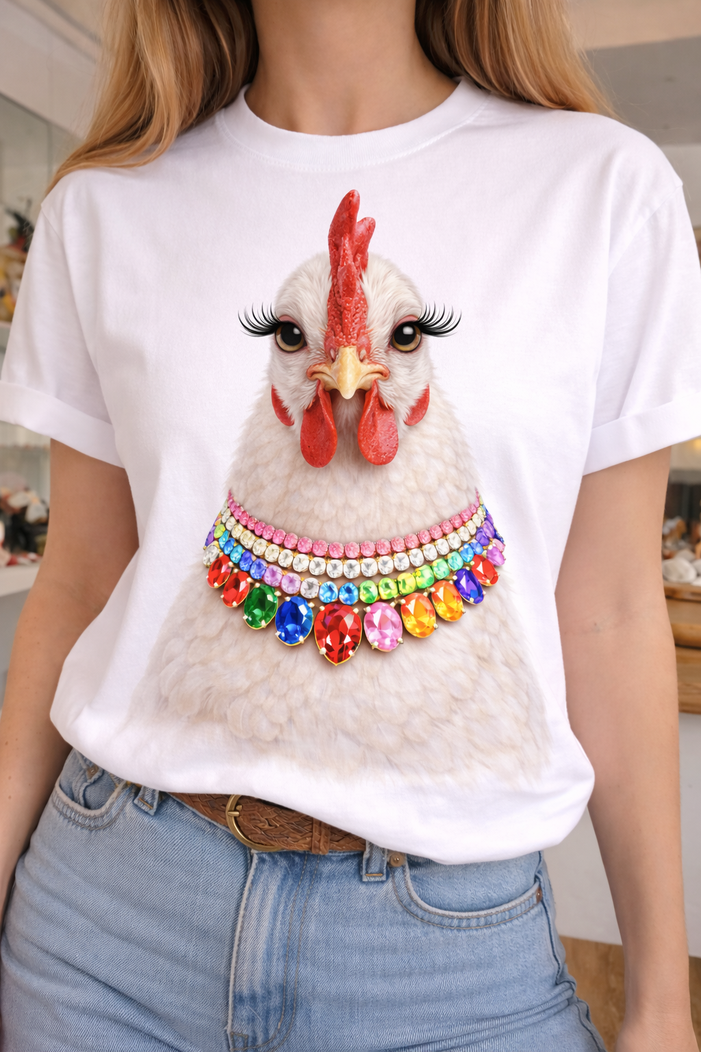 Jeweled Collar Show Rooster on White Crew