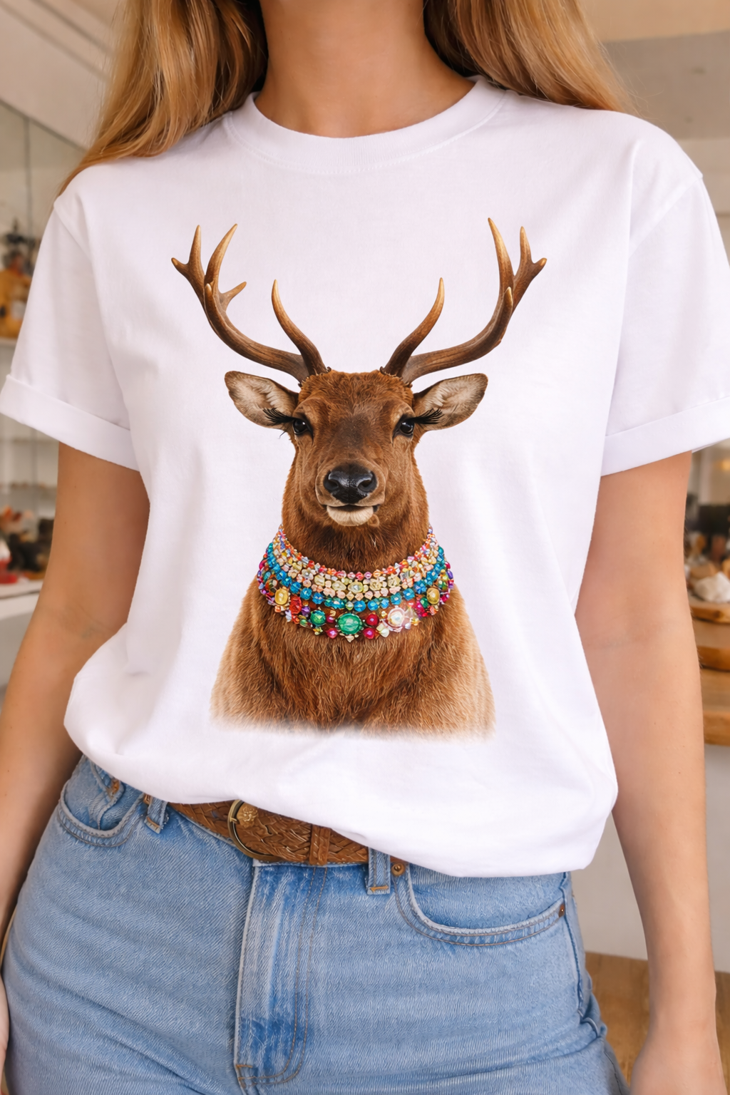 Jeweled Collar Elk on White Crew