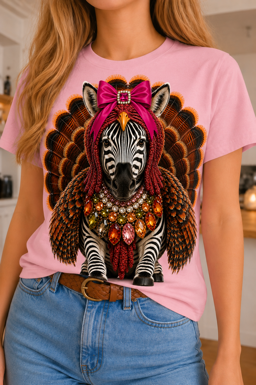 Turkey Zebra on Pink Crew