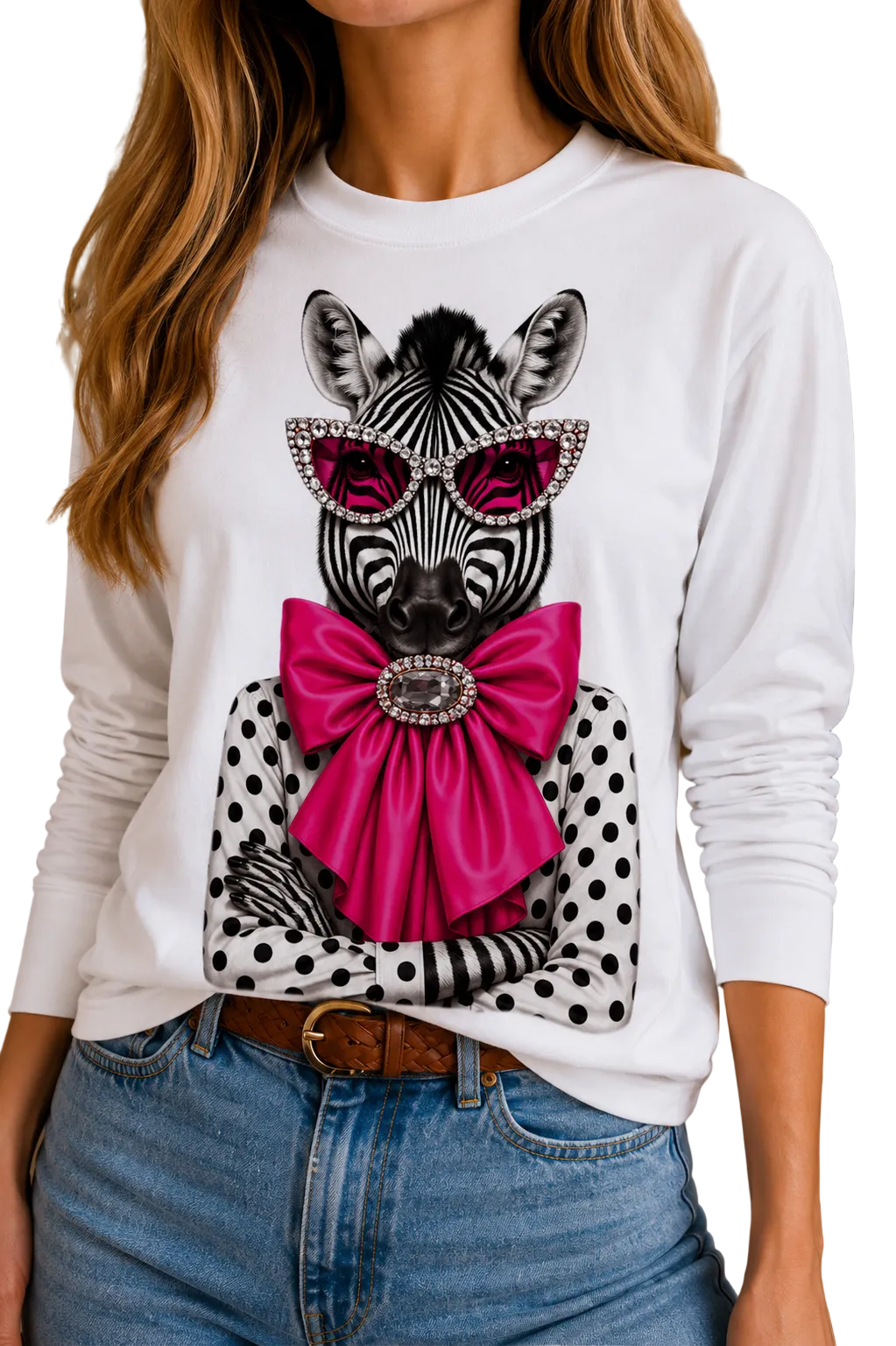 Jeweled Polka Dot Zebra on Crew, Long Sleeve, & Cream Tank
