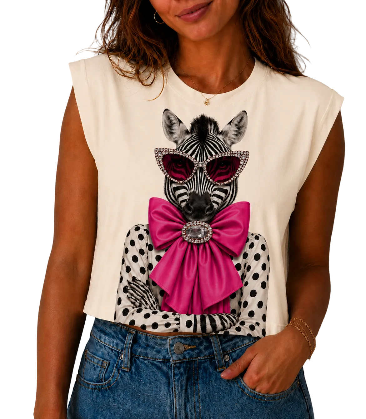 Jeweled Polka Dot Zebra on Crew, Long Sleeve, & Cream Tank