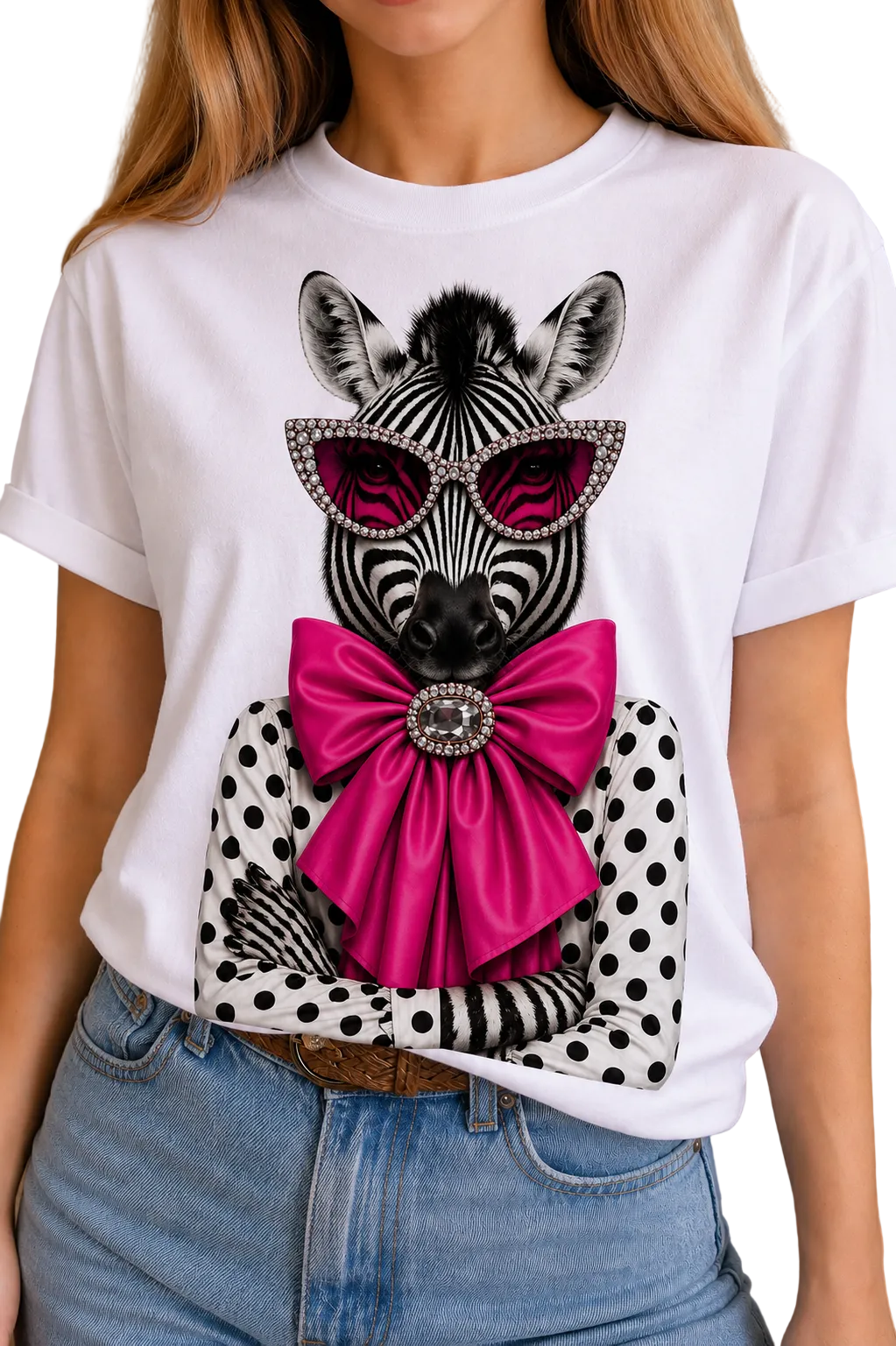 Jeweled Polka Dot Zebra on Crew, Long Sleeve, & Cream Tank