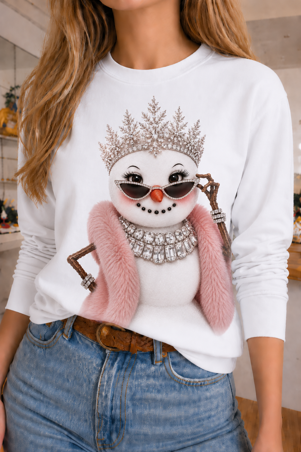 Fancy Snowlady on White Long Sleeve and Pink Patched Tee