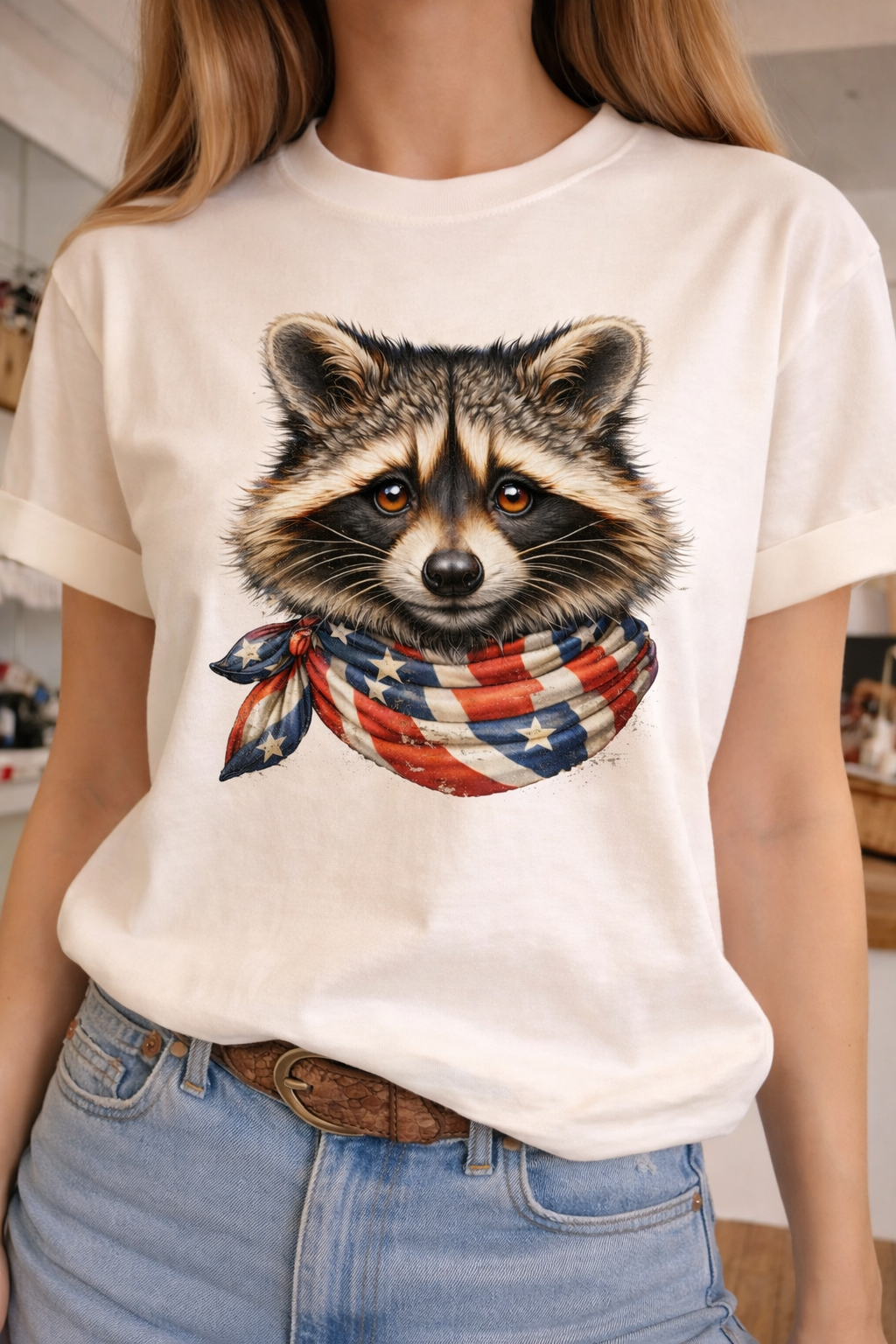 Patriotic Raccoon on White Crew
