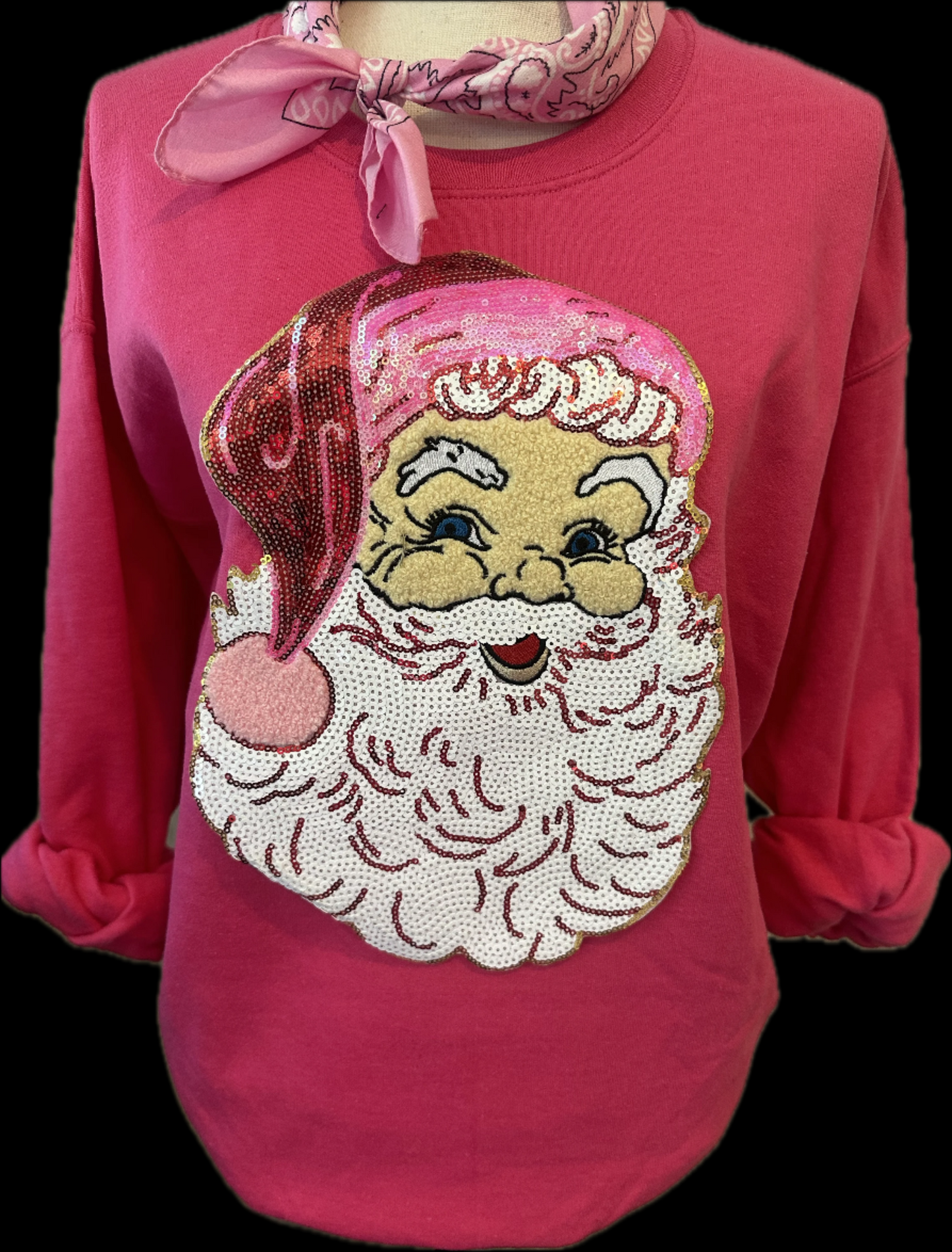 Chenille/Sequin Santa Face Patch on Crew, Long Sleeve OR Sweatshirt