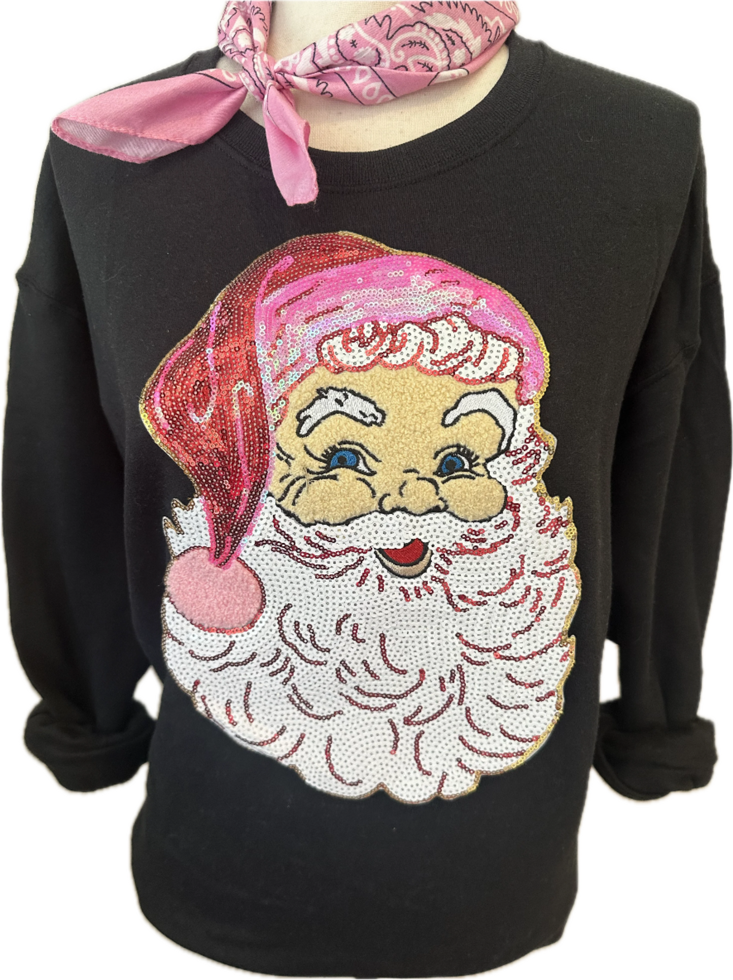 Chenille/Sequin Santa Face Patch on Crew, Long Sleeve OR Sweatshirt