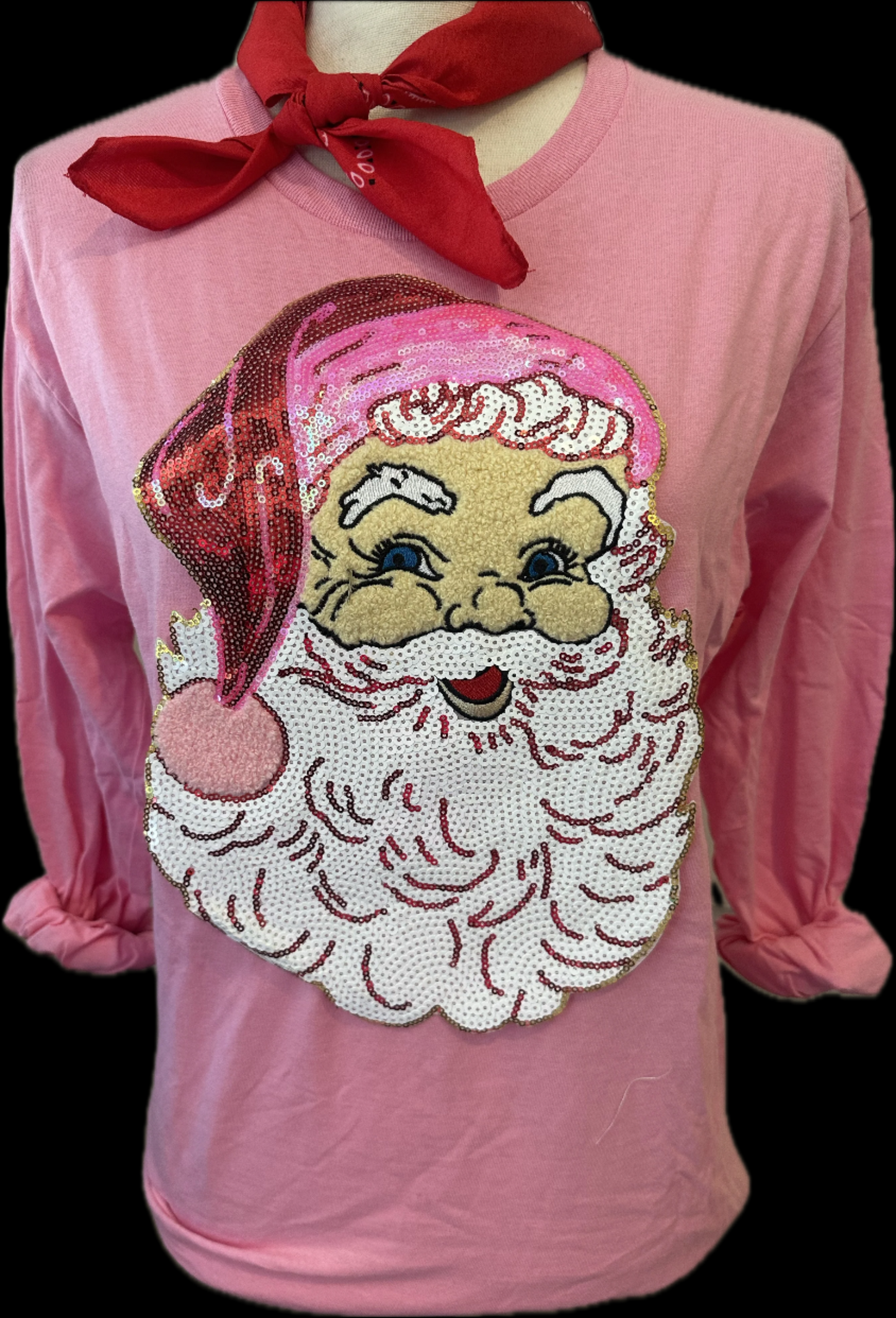 Chenille/Sequin Santa Face Patch on Crew, Long Sleeve OR Sweatshirt