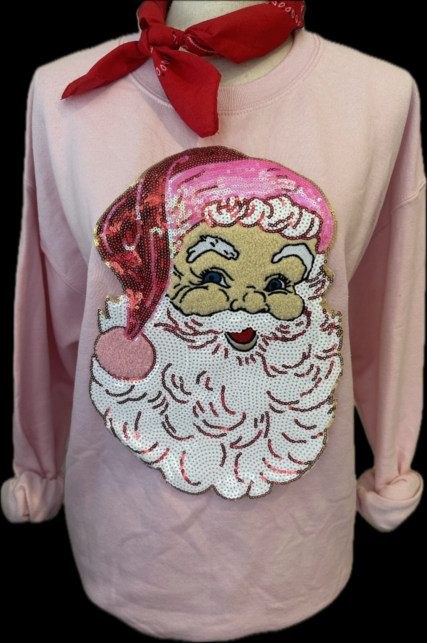 Chenille/Sequin Santa Face Patch on Crew, Long Sleeve OR Sweatshirt