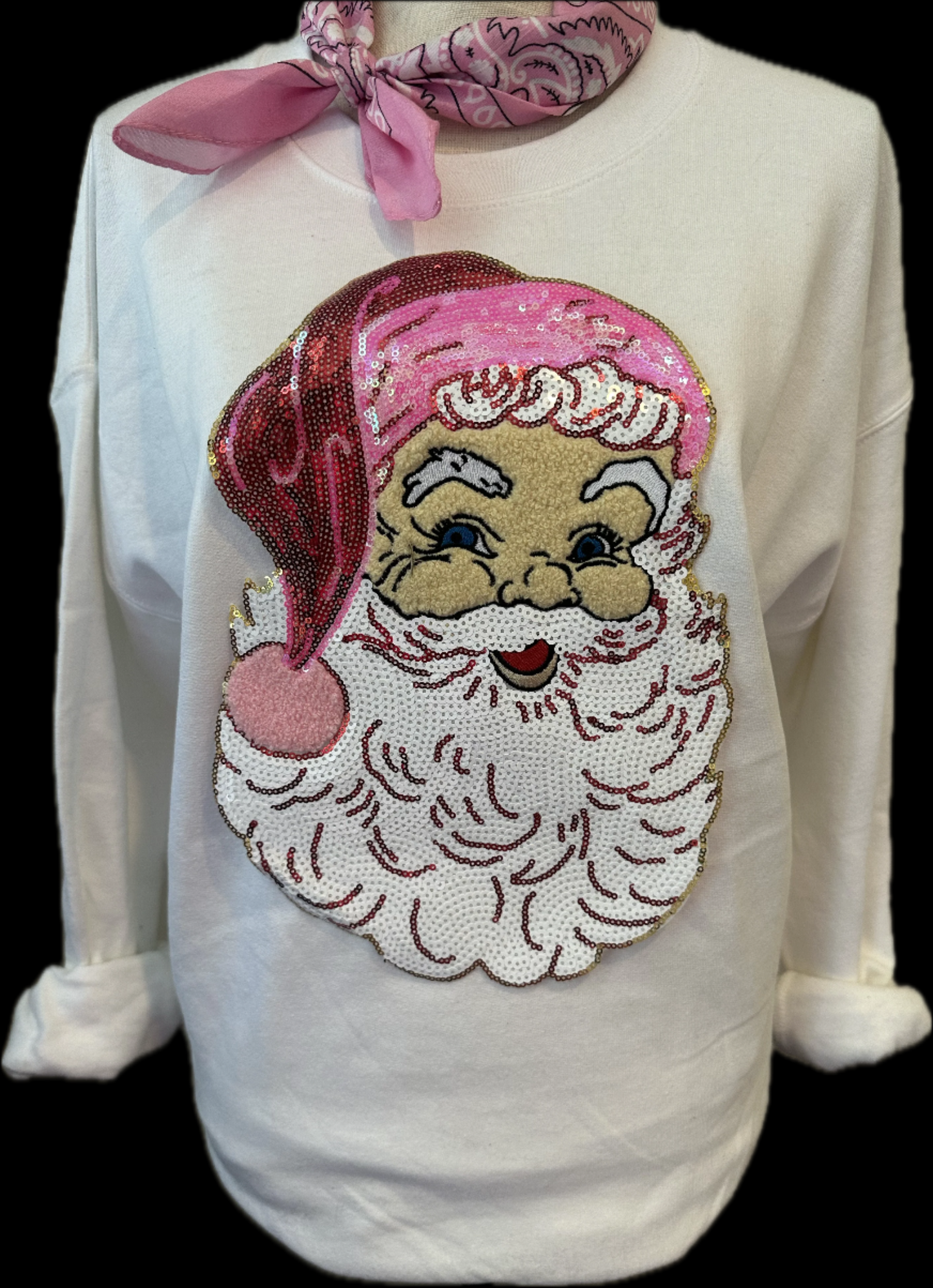 Chenille/Sequin Santa Face Patch on Crew, Long Sleeve OR Sweatshirt